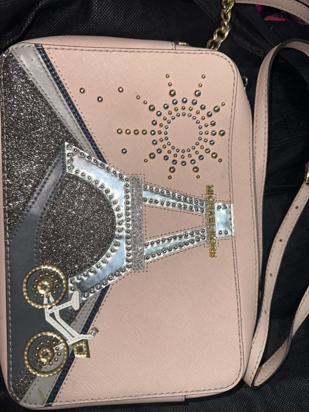 Michele Rene Pink Crossbody Bag with Metallic Accents
